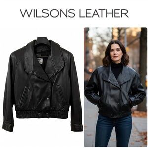 1990s Vintage Women’s 90s Black Bomber Jacket • W Leather by Wilson’s • SMALL